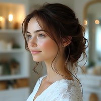 Young woman with romantic updo hairstyle and natural makeup wearing white lace dress against soft bokeh background. Side profile portrait captures gentle beauty.