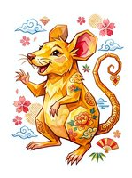 Golden rat character with ornamental floral patterns, clouds, and fan elements in Asian-inspired style. Isolated clipart suitable for t-shirts, prints, and design projects.