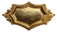 Ornate golden plaque with decorative baroque frame and blank center area for custom text or design. Isolated on white background.