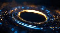 Glowing golden ring with blue light particles and bokeh effects on dark background creates futuristic technological atmosphere for digital design projects.