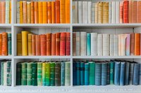 Colorful books arranged by spectrum on white bookshelf, creating rainbow effect with orange, yellow, green, and blue sections. Organized library display.