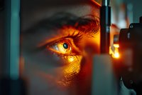 Extreme close up of glowing amber eye with dramatic orange lighting and reflective sparkles, artistic macro photography showing intricate iris detail and deep emotion.