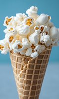 Fresh white popcorn overflowing from golden waffle cone against blue background for creative snack and entertainment concepts.