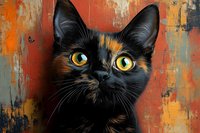 Close-up portrait of black cat with bright yellow eyes against textured orange and blue wall background, showing detailed whiskers and facial features.