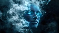 Ethereal blue face emerging from swirling smoke against dark background, representing consciousness, spirituality, or artificial intelligence concept.