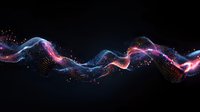 Futuristic wave of glowing particles flowing in dark space, digital blue and pink neon light stream with sparkles creating dynamic motion effect.