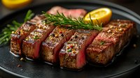 Sliced medium rare beef steak with rosemary herb and lemon garnish served on black plate. Juicy grilled meat with seasoning and fresh aromatics.