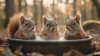 Three red squirrels sitting together in round container against blurred forest background with golden bokeh lights and autumn leaves on ground.