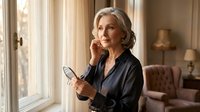 Mature Caucasian businesswoman talking on smartphone while holding glasses in elegant home office interior for professional communication concepts.