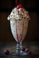 Luxurious milkshake topped with whipped cream, chocolate sprinkles and fresh cherry in classic glass. Red syrup drips create elegant streaks against creamy white background.