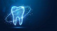 Glowing digital tooth with circuit board patterns on dark blue background, representing futuristic dental technology and innovation in modern dentistry.