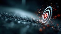Digital target with glowing red bullseye center surrounded by flowing particle stream and bokeh lights on dark background for business goals and success concepts.