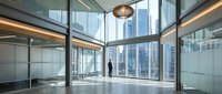 Modern office lobby with floor-to-ceiling windows showcasing city skyline views. Professional businessman silhouette stands in spacious corporate entrance hall.