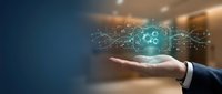 Businessman hand holding glowing globe with digital network connections and data flow, representing global business, technology innovation, and worldwide connectivity for corporate solutions.