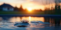White water lily floating on calm lake surface at sunset with golden light reflection and silhouette of house in background creating peaceful atmosphere.
