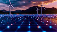 Solar panels and wind turbines against dramatic sunset sky, glowing blue photovoltaic cells creating futuristic pattern, sustainable energy concept in mountain landscape.