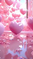 Dreamy pink heart balloons floating in bright space with reflective floor, romantic atmosphere for Valentine's Day or wedding celebrations.