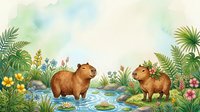 Capybaras in natural wetland habitat with tropical plants, water lilies, and lush vegetation. Watercolor illustration for children's books, educational materials, and nature-themed designs.