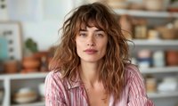 Young Caucasian woman with natural wavy brown hair and minimal makeup smiling confidently at camera, wearing pink striped shirt against blurred kitchen background.