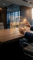 Businessman hands interacting with holographic financial dashboard displaying charts and data analytics in modern office conference room.