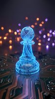 Glowing blue digital chess pawn piece on circuit board with colorful bokeh lights background representing artificial intelligence and strategic thinking.