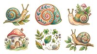 Snails with decorative shells and botanical elements in whimsical hand-drawn style, isolated on white background, suitable for children's illustrations, stickers, and design projects.