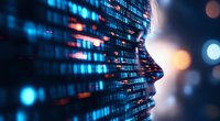 Digital profile silhouette with streaming binary code data and glowing blue technology elements against dark background, representing artificial intelligence.