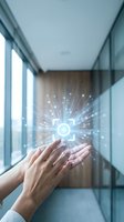 Female hands holding glowing light bulb with digital network connections in modern office corridor. Concept for innovation, technology, ideas, and business solutions for corporate design projects.