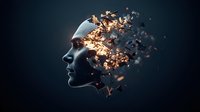Human profile silhouette disintegrating into glowing fragments against dark background, representing mental transformation or artificial intelligence concept.