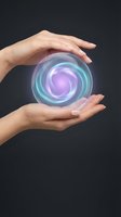 Protective hands holding glowing energy sphere with purple and cyan light effects on dark background for spiritual and technology concepts.