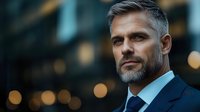 Middle-aged man with gray hair and beard wearing navy business suit and light blue tie against blurred urban bokeh background for corporate and professional use.