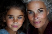 Close-up portrait of mature woman with silver hair and young mixed race girl with blue eyes showing loving family bond and generational connection.