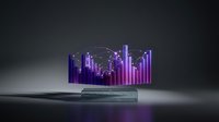 Futuristic holographic data visualization with purple and pink bar charts floating above transparent glass surface for business analytics and technology presentations.