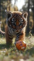 Adorable tiger cub playing with orange ball in sunlit grass, showing curious expression with bright blue eyes and distinctive striped fur pattern.