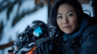 Asian female photographer in winter gear capturing snowy landscape with professional camera equipment during cold weather outdoor photography session.