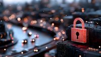 Digital red padlock on urban cityscape with bokeh lights background represents cybersecurity, data protection and network safety in modern technology.