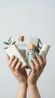 Female hands holding eco-friendly cosmetic bottles and packages with green nail polish and eucalyptus leaves on neutral background.