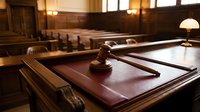 Wooden gavel rests on judge's bench in empty courtroom with warm lighting. Legal proceedings, justice system, law enforcement concept.