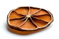 Dried orange slice on white background showing detailed texture and natural pattern of dehydrated citrus fruit. Macro photography highlights organic structure.