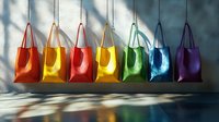 Colorful shopping bags arranged in rainbow spectrum hanging on wall with natural sunlight casting shadows, creating vibrant retail display composition.