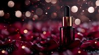 Luxury cosmetic dropper bottle on dark background with red glitter and bokeh lights creating magical atmosphere for beauty product photography.