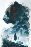 Double exposure of panda and mountain landscape with silhouette of woman standing on cliff edge overlooking misty forest lake and snow-capped peaks.