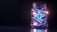 Glowing medical cross and anchor symbols trapped in glass jar with magical sparkles and neon pink and blue lights against dark background.