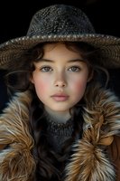 Young Asian woman in straw hat and fur collar coat looking directly at camera with natural makeup and blue eyes against dark background. Close up portrait.