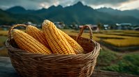 Fresh corn cobs in wicker basket with mountain landscape background. Harvest season agricultural produce for healthy eating and farming concepts.