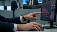 Professional businessman analyzing financial data on computer monitor with red declining charts in modern office environment for investment trading decisions.