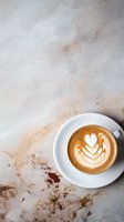 Cappuccino with latte art in white cup on marble background with copy space for menu or cafe promotion.