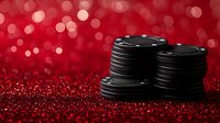 Black poker chips stacked on sparkling red glitter background with festive bokeh lights creating luxurious casino atmosphere.