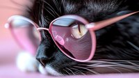 Close up of black cat wearing pink glasses with yellow eyes visible through lens, creating whimsical and stylish pet portrait against soft pink background.