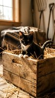 Adorable black and white kitten sitting in rustic wooden crate filled with straw in cozy barn setting with warm sunlight streaming through window.